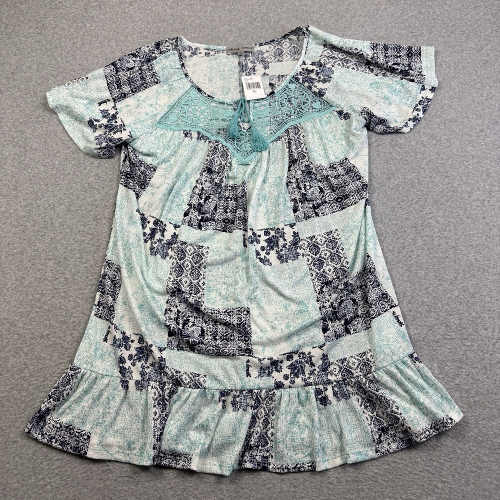 Absolutely Famous Patchwork Gauzy Dress Womens XL Blue Lace‎ Accents Beach Boho